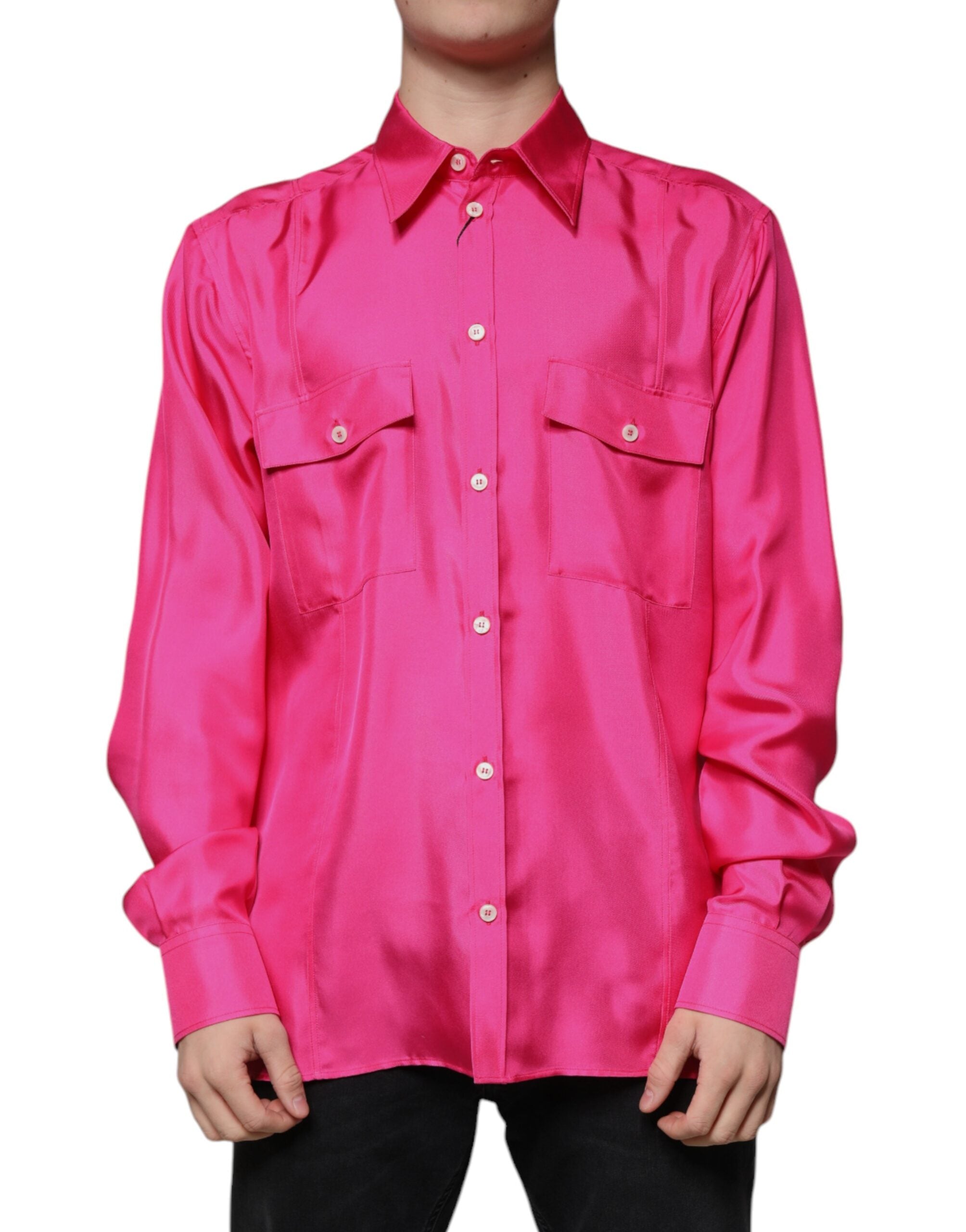 Dolce &amp; Gabbana Herrenhemd mit Button-Down-Kragen aus Seide in Rosa