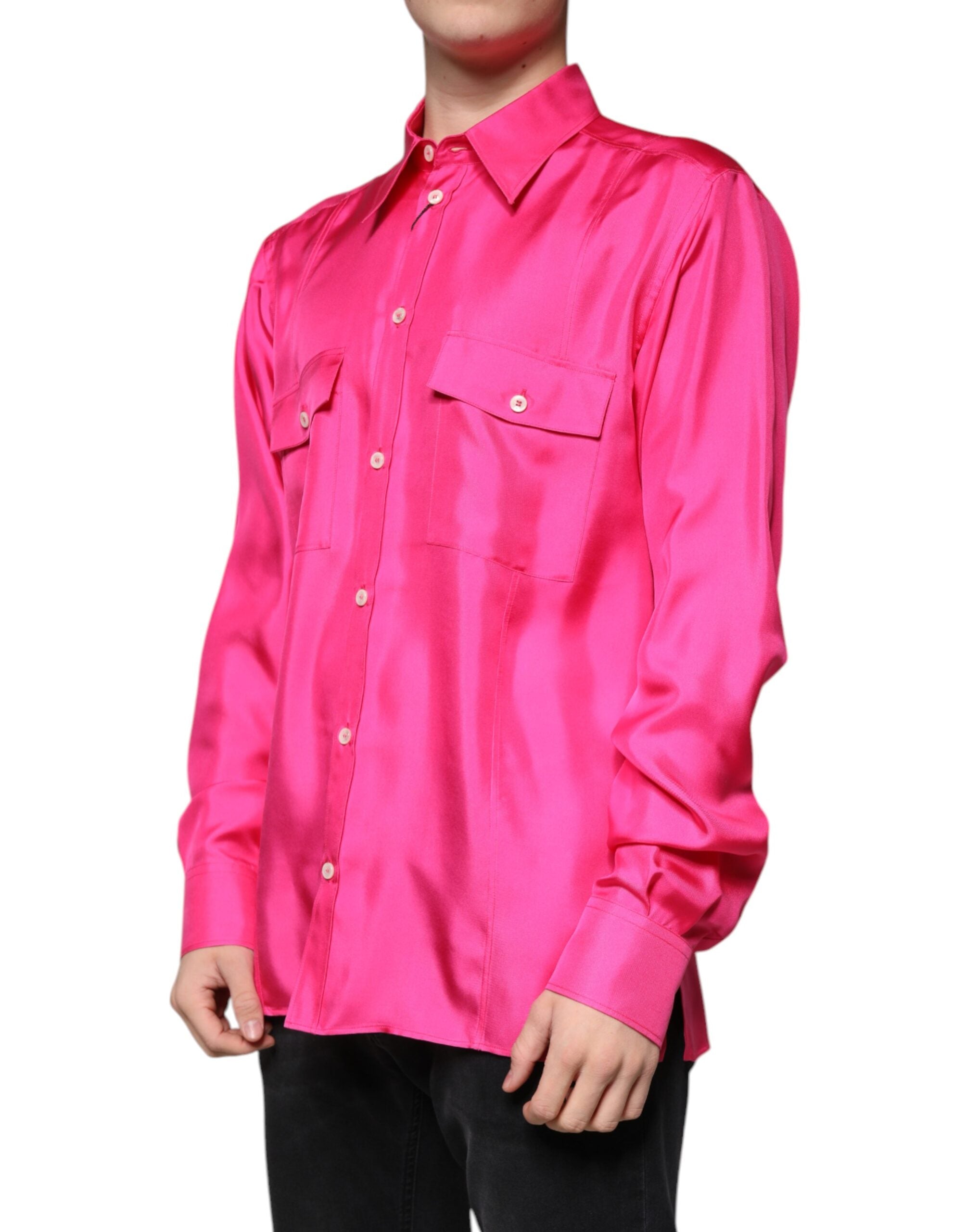 Dolce &amp; Gabbana Herrenhemd mit Button-Down-Kragen aus Seide in Rosa