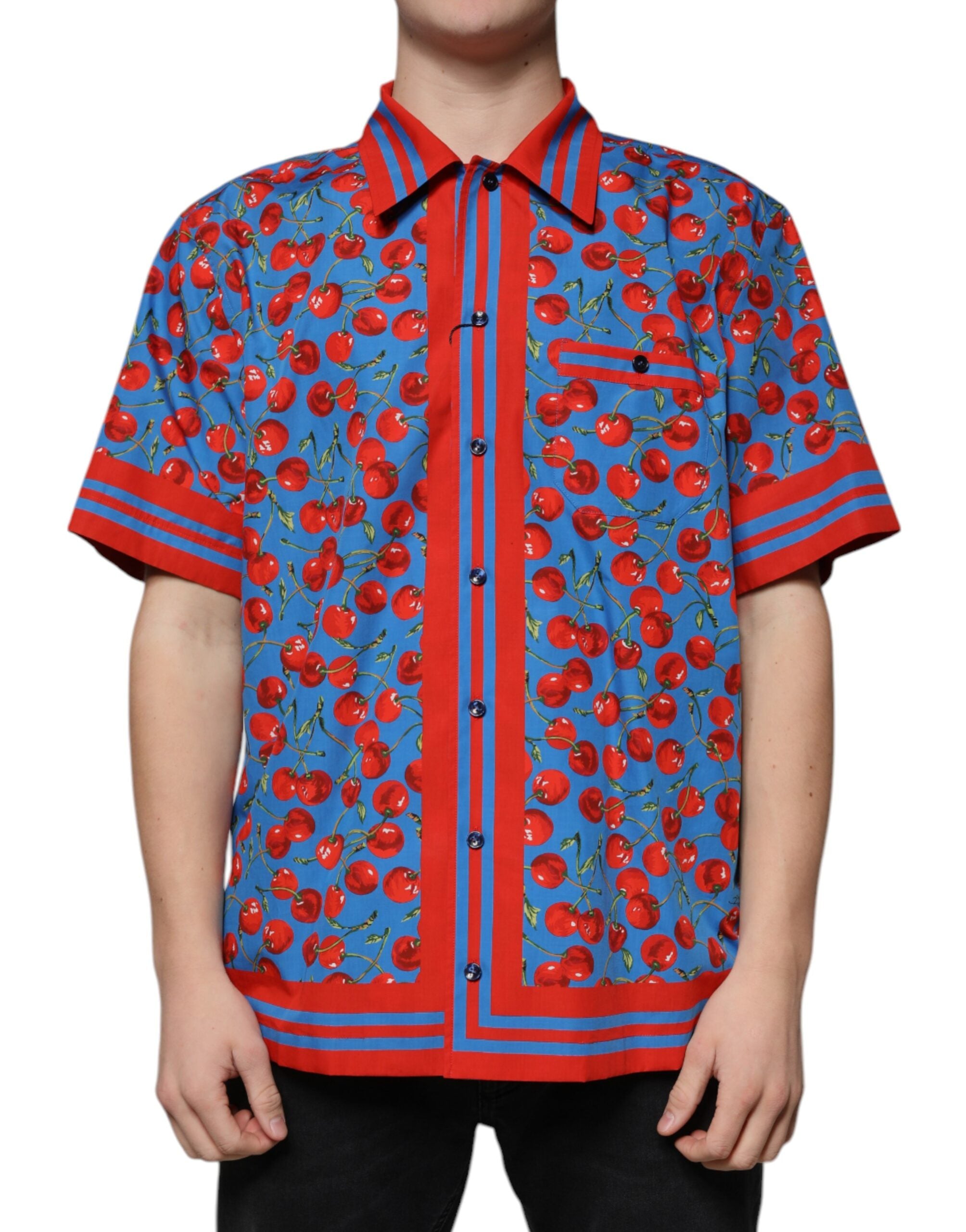 Dolce &amp; Gabbana Blaues, kirschrotes Button-Down-Freizeithemd aus Baumwolle
