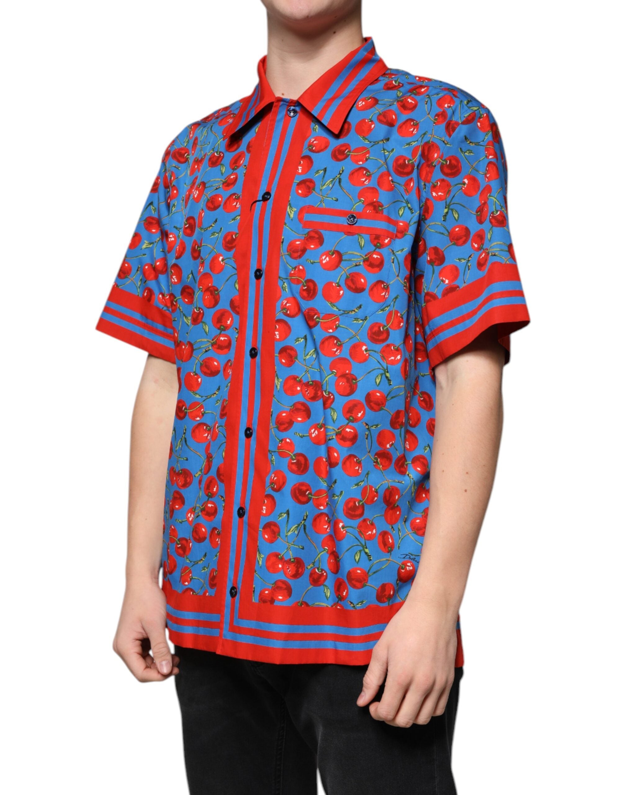 Dolce &amp; Gabbana Blaues, kirschrotes Button-Down-Freizeithemd aus Baumwolle