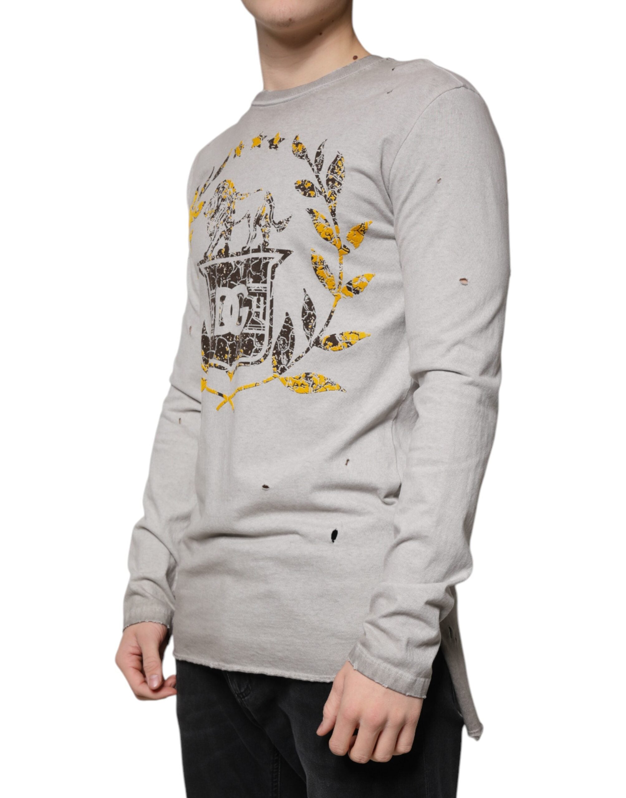 Pulover Dolce &amp; Gabbana gri cu imprimeu din bumbac și guler rotund