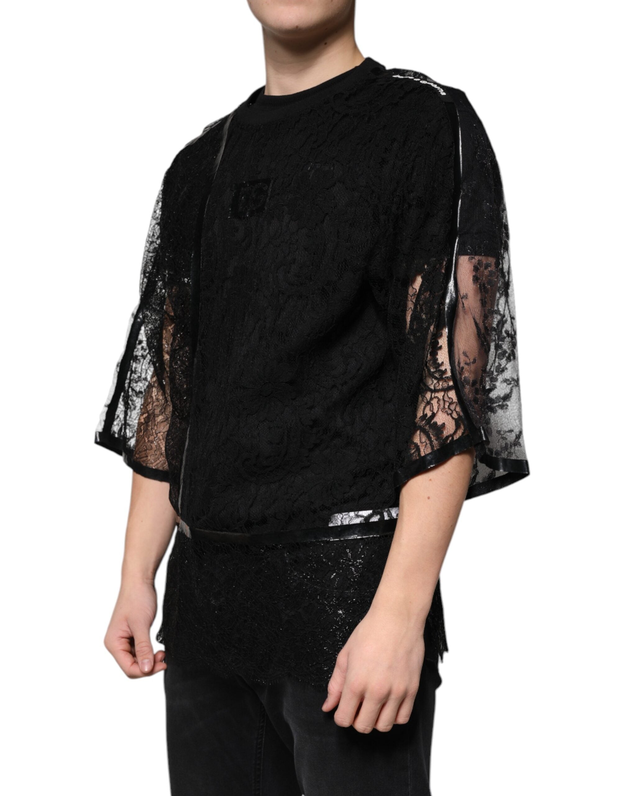 Dolce &amp; Gabbana – Schwarzes T-Shirt mit Rundhalsausschnitt aus Nylon mit Blumenspitze