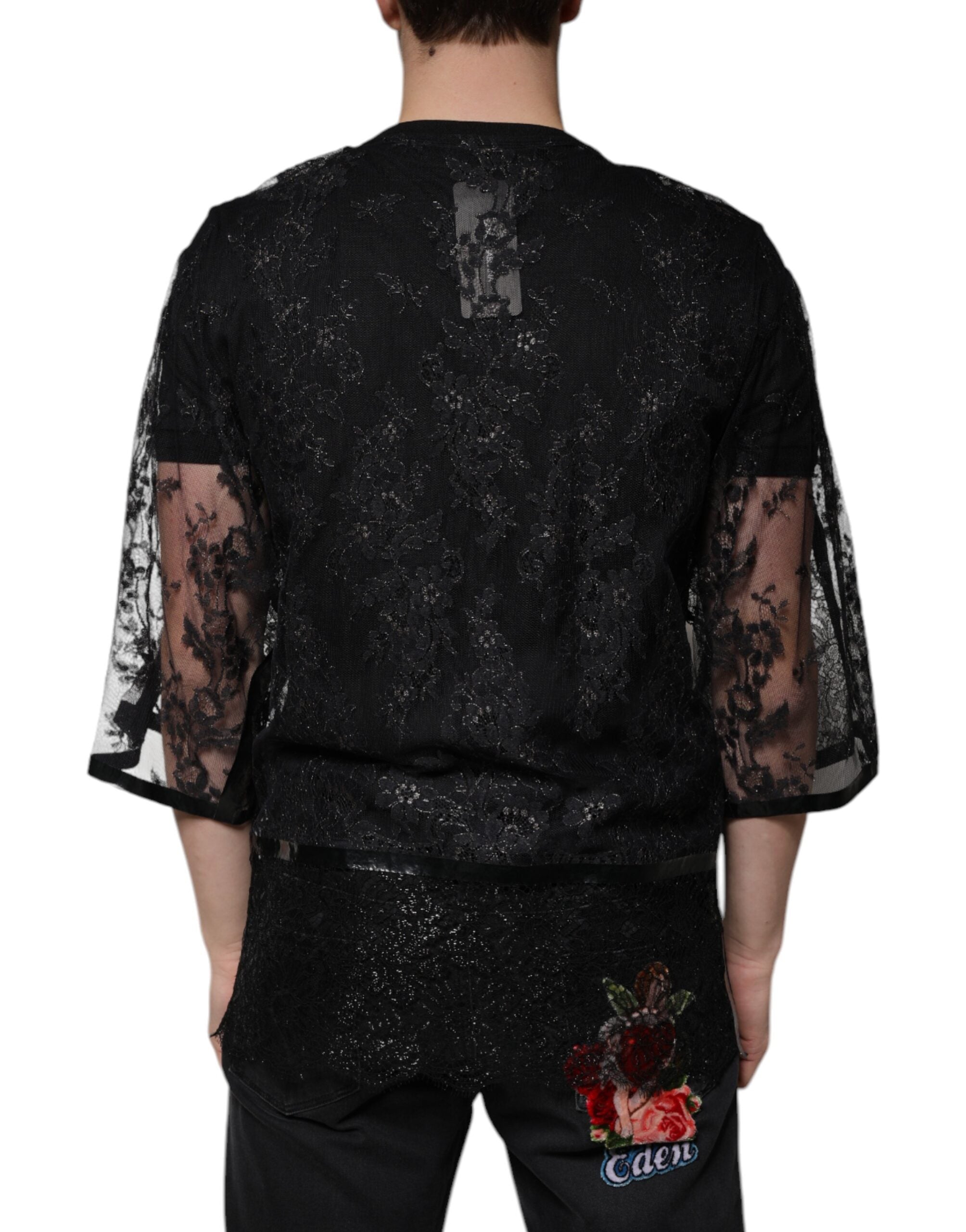 Dolce &amp; Gabbana – Schwarzes T-Shirt mit Rundhalsausschnitt aus Nylon mit Blumenspitze