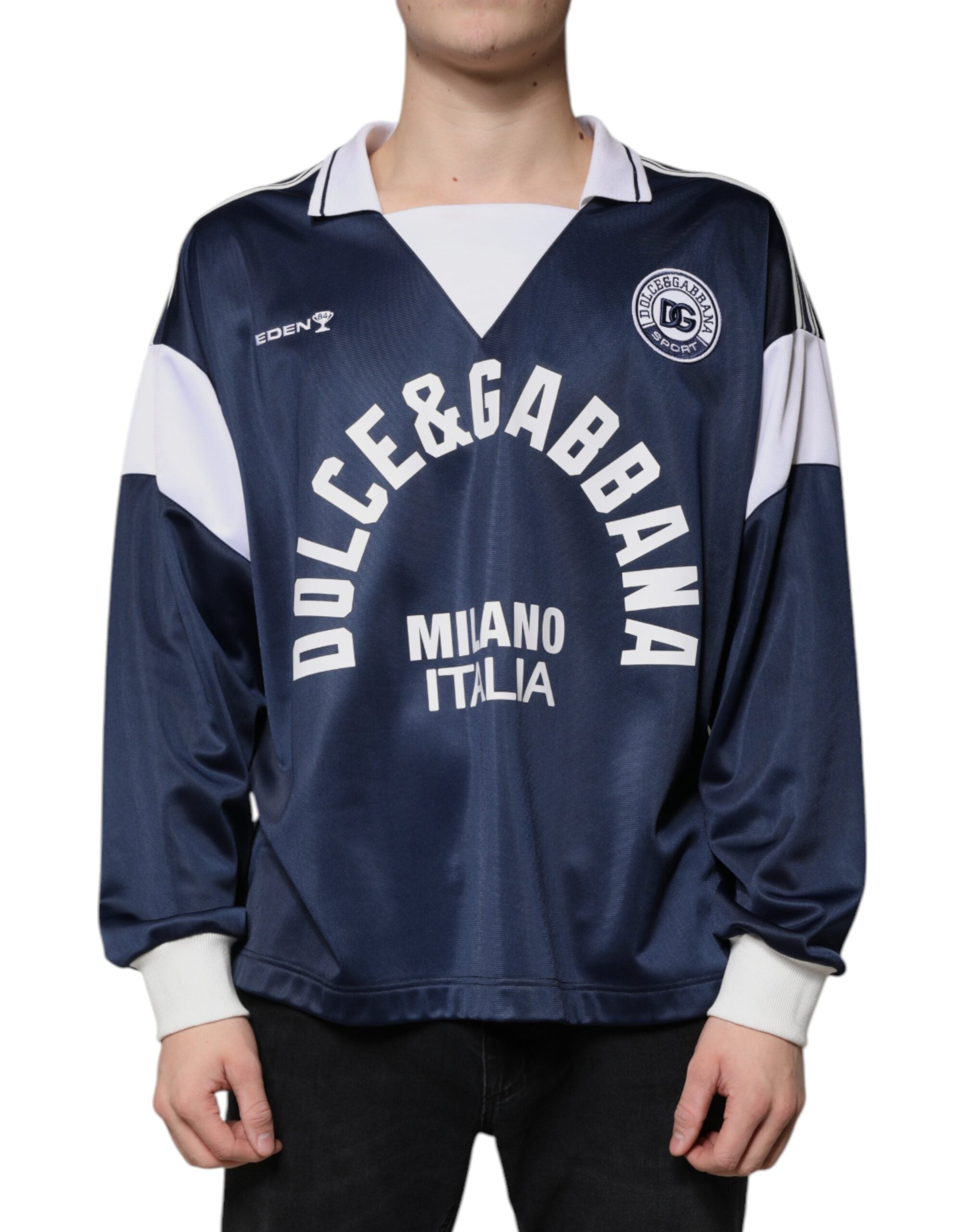 Dolce &amp; Gabbana Blau-weißes Milano-Langarm-Jersey-T-Shirt