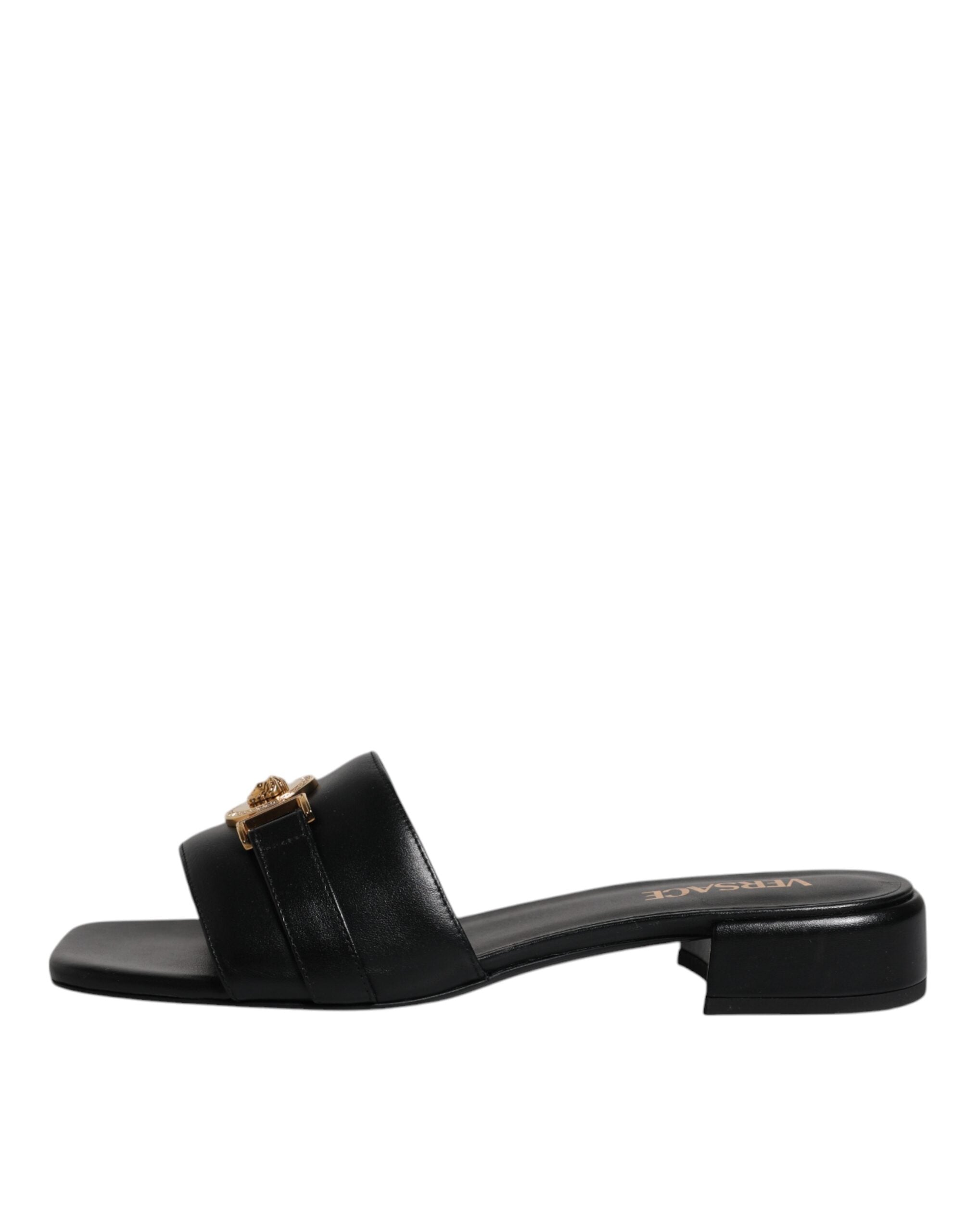 Sandale Versace negre din piele cu placă cu logo