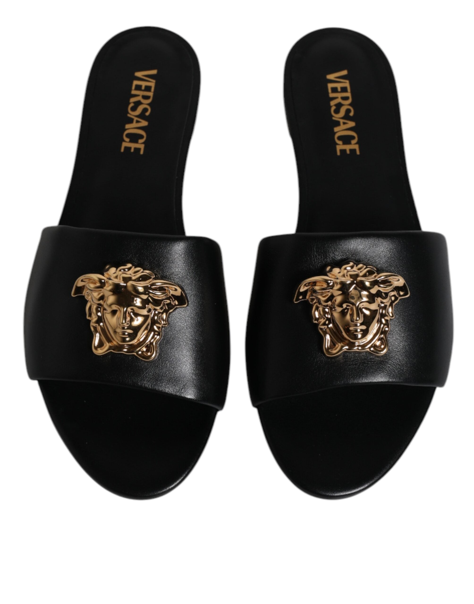 Sandale Versace negre din piele cu placă cu logo