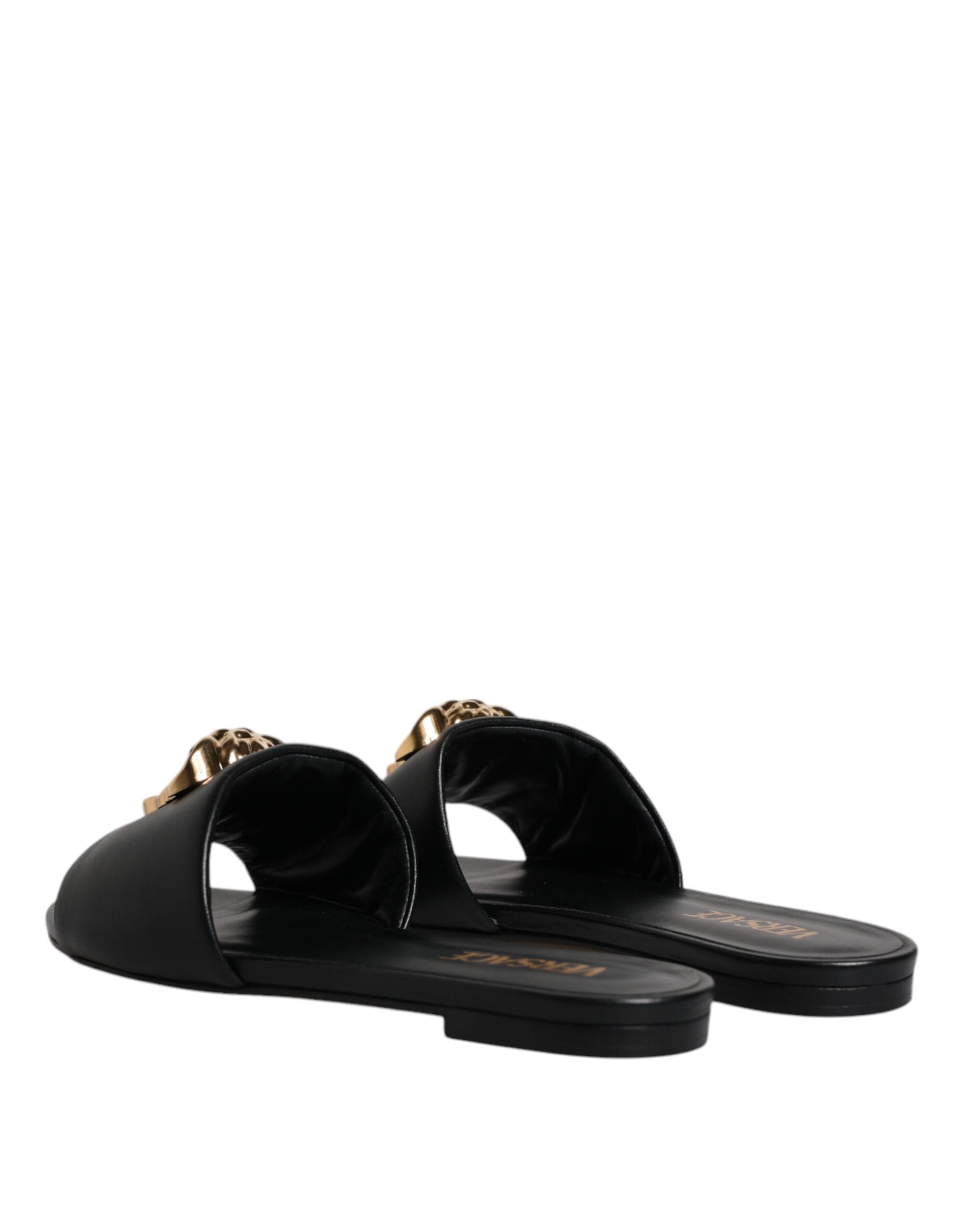 Sandale Versace negre din piele cu placă cu logo