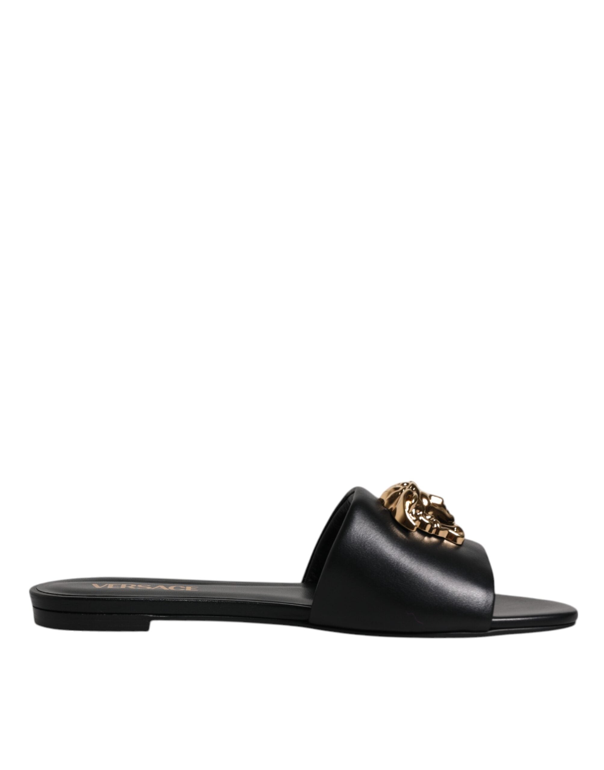 Sandale Versace negre din piele cu placă cu logo