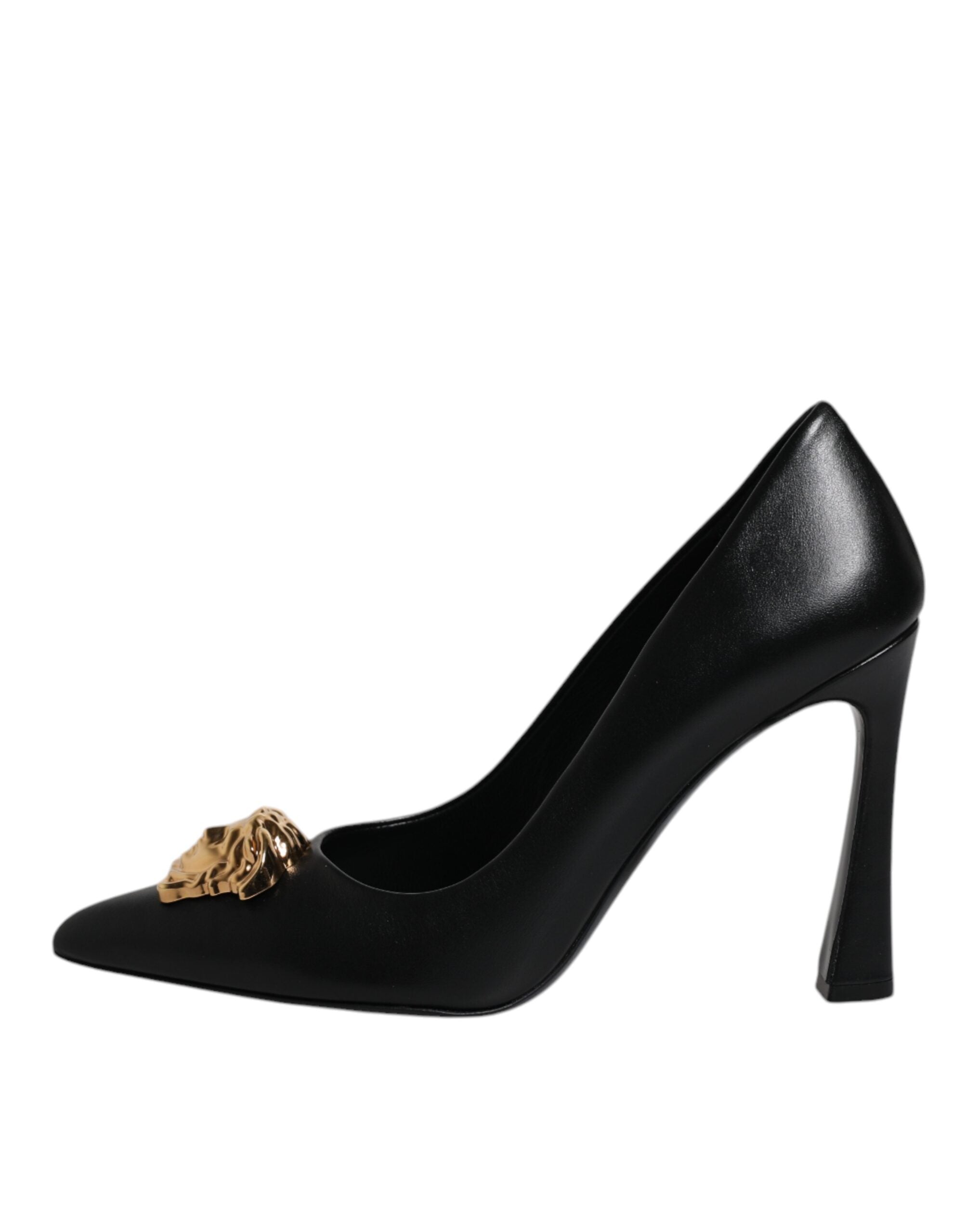 Pantofi cu toc înalt Versace din piele neagră cu placă cu logo