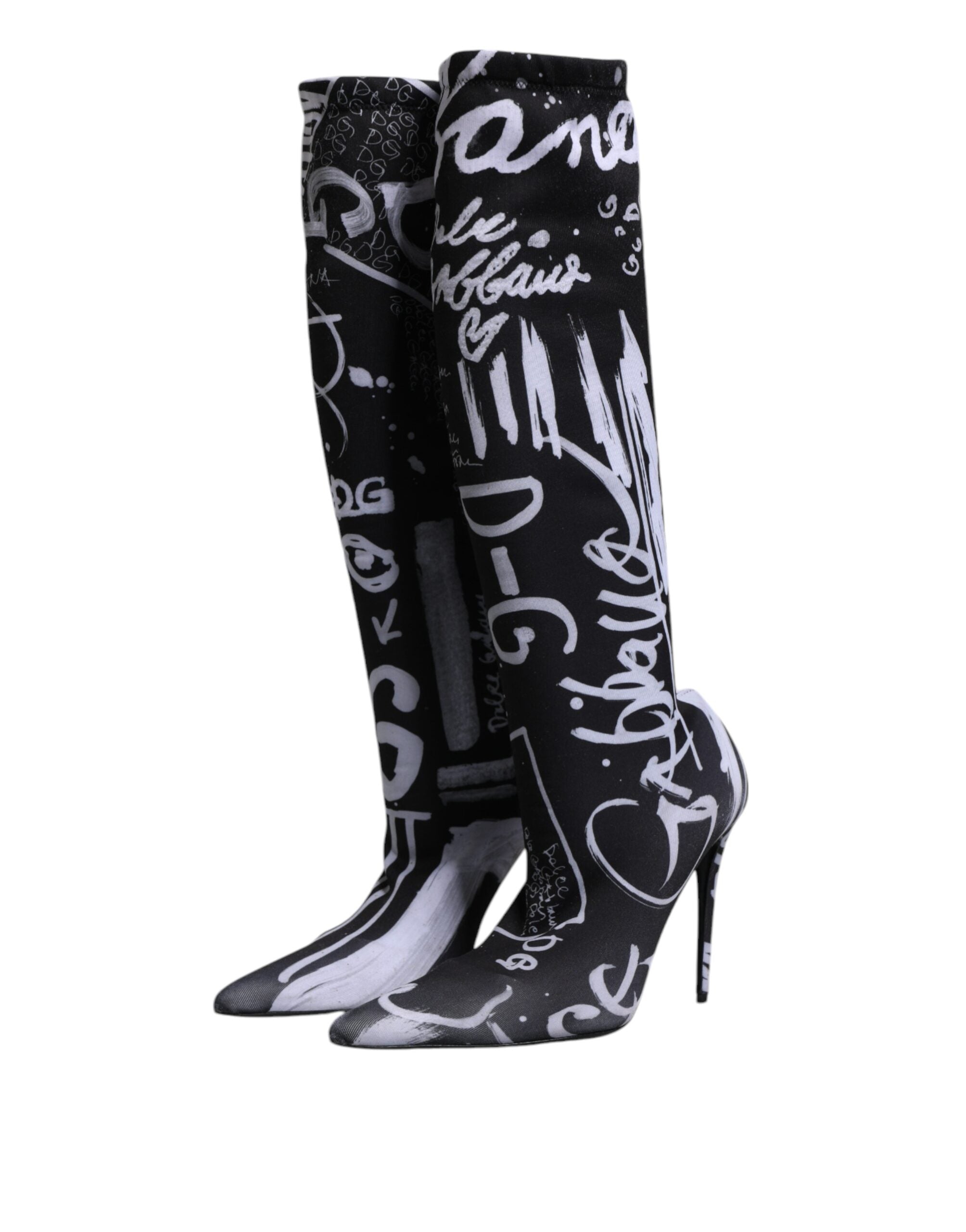 Dolce &amp; Gabbana Schwarze Logo Stretch Heels Hohe Stiefel Schuhe