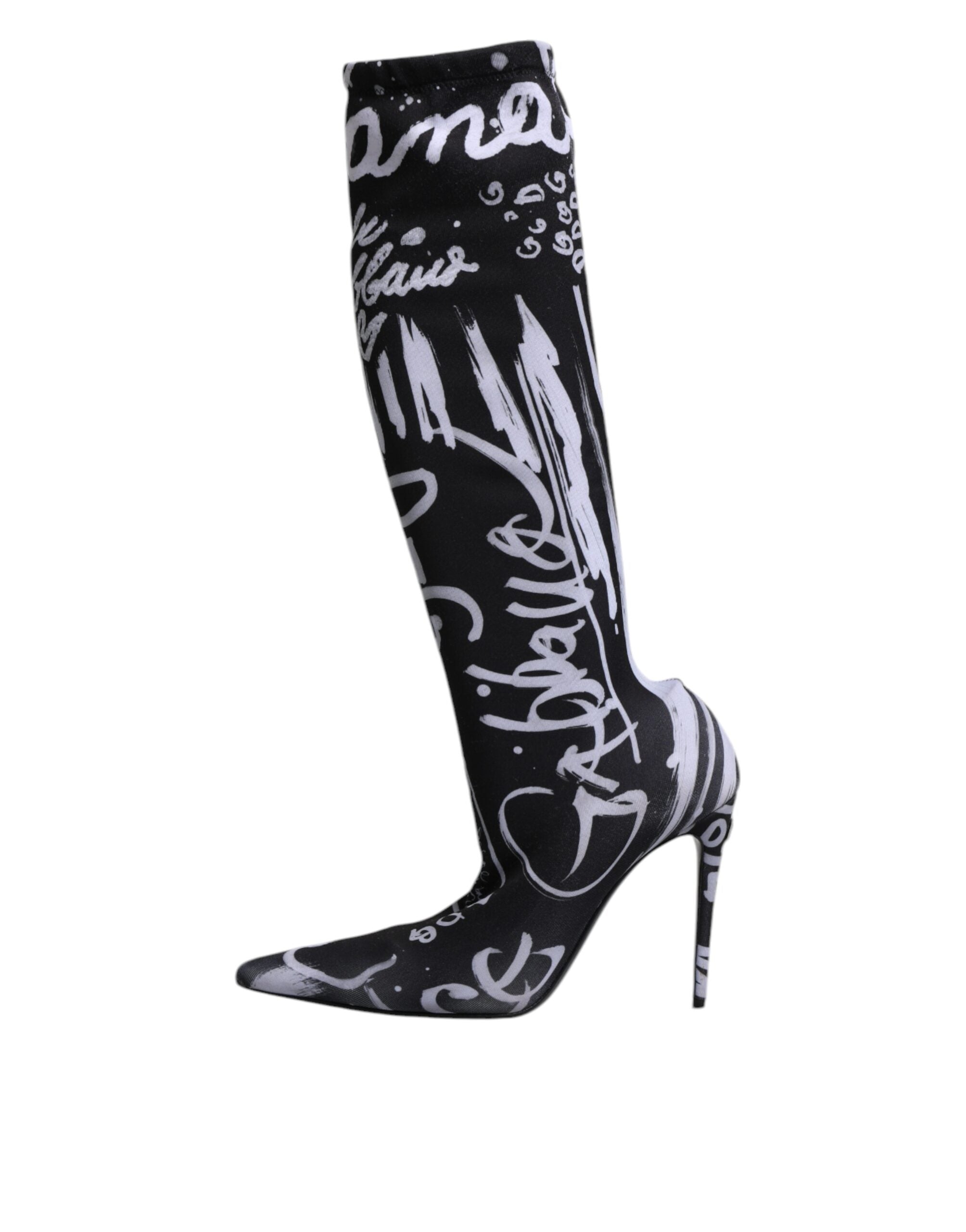 Dolce &amp; Gabbana Schwarze Logo Stretch Heels Hohe Stiefel Schuhe