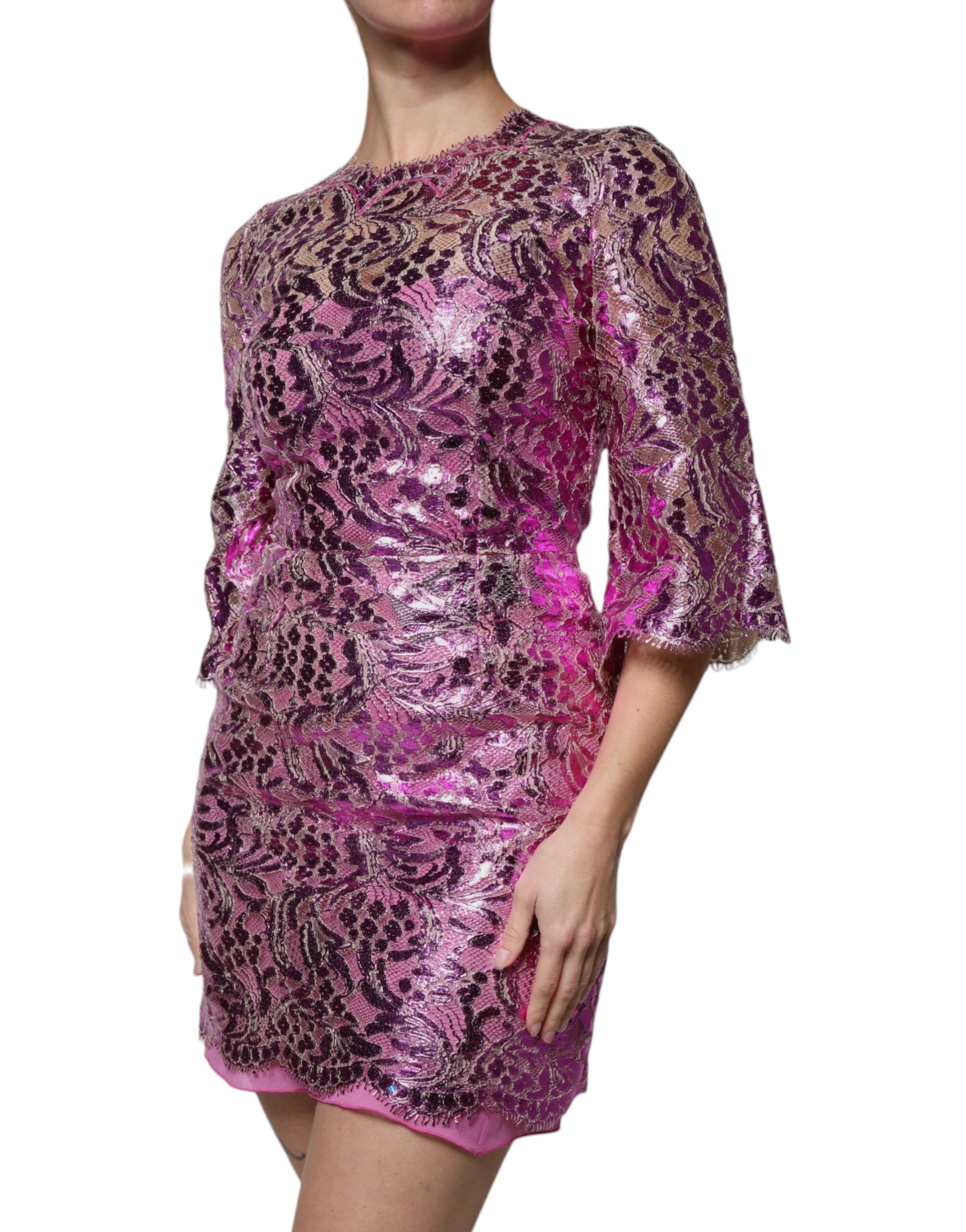 Rochie mini Dolce &amp; Gabbana cu imprimeu floral fuchsia metalic