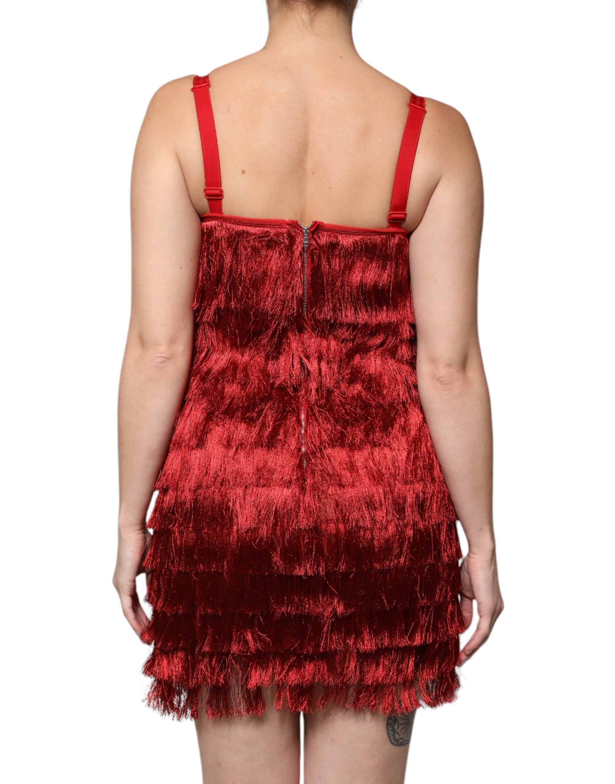 Rochie mini Dolce &amp; Gabbana roșie din dantelă, fără mâneci, cu ciucuri