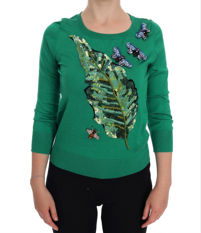 Dolce &amp; Gabbana – Verzierter grüner Seidenpullover