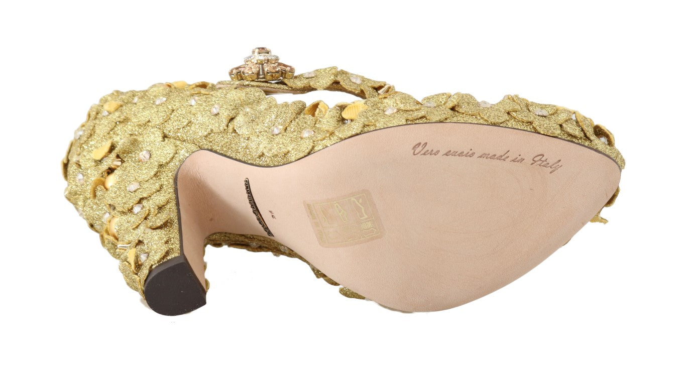 Pantofi cu toc Dolce &amp; Gabbana, model auriu, cu cristale și motive florale