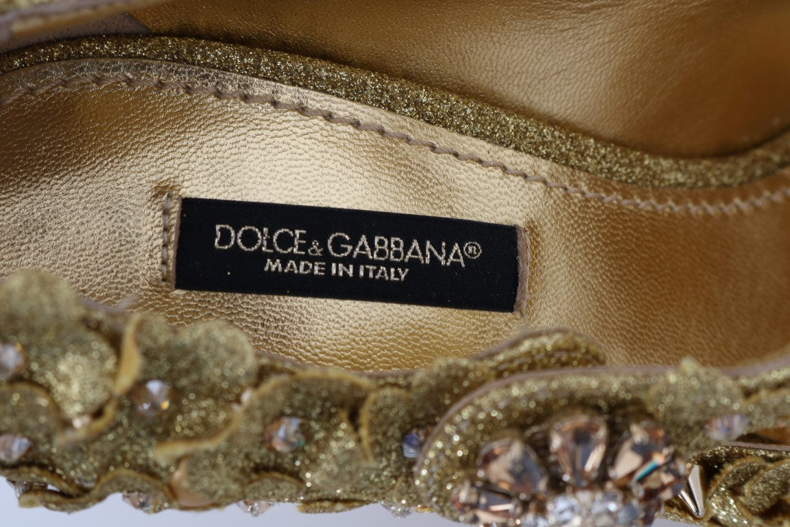 Pantofi cu toc Dolce &amp; Gabbana, model auriu, cu cristale și motive florale