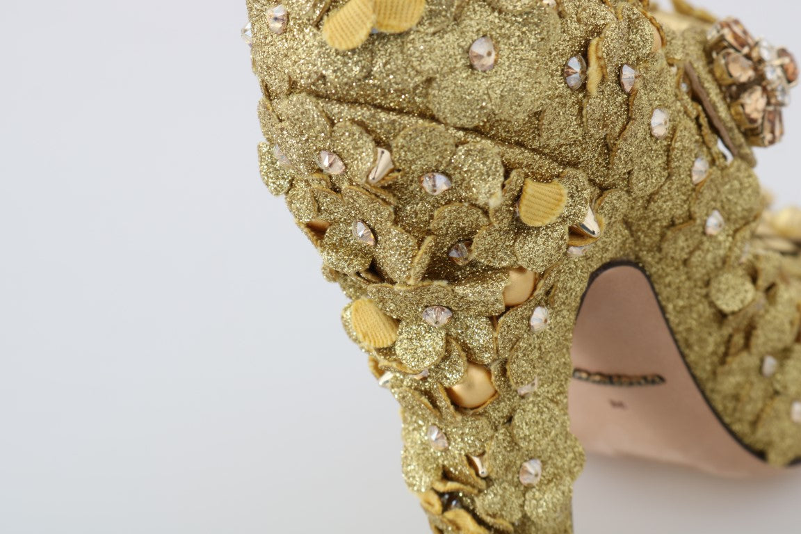 Pantofi cu toc Dolce &amp; Gabbana, model auriu, cu cristale și motive florale