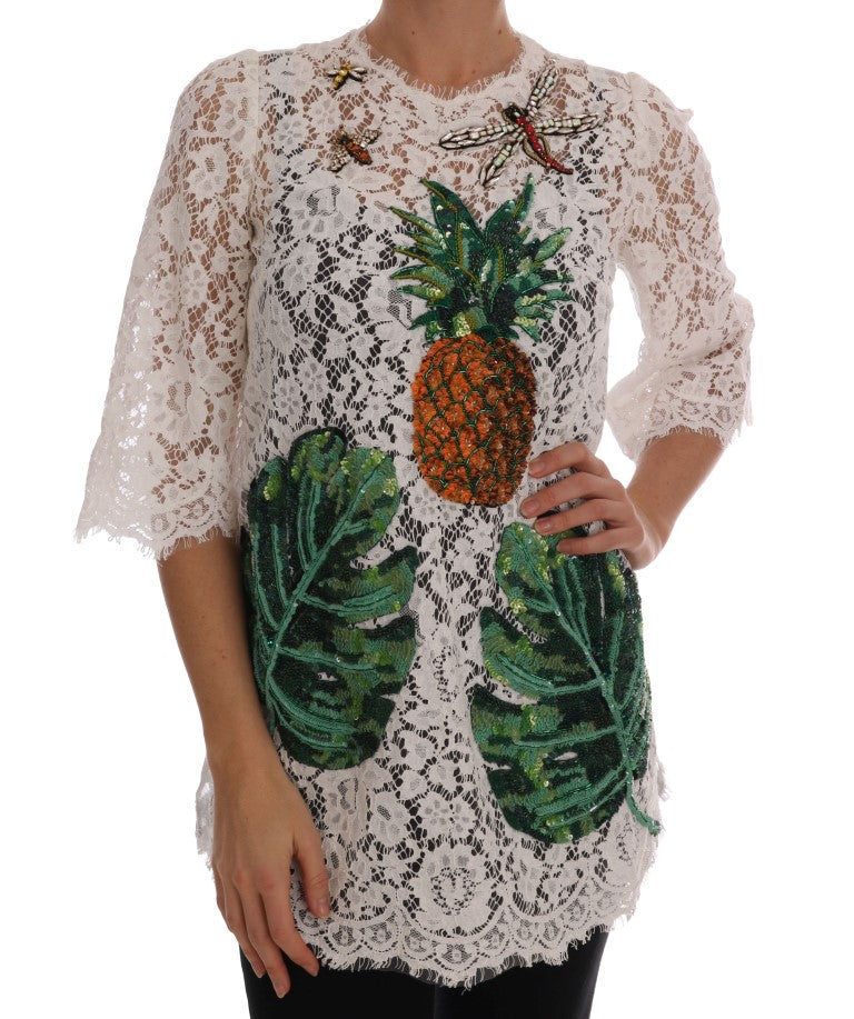 Dolce &amp; Gabbana – Elegante, weiße Minibluse mit Spitzenverzierung
