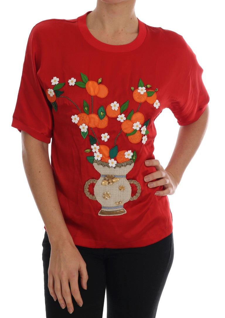 Dolce &amp; Gabbana – Elegantes Top aus roter Seide mit Blumenstickerei