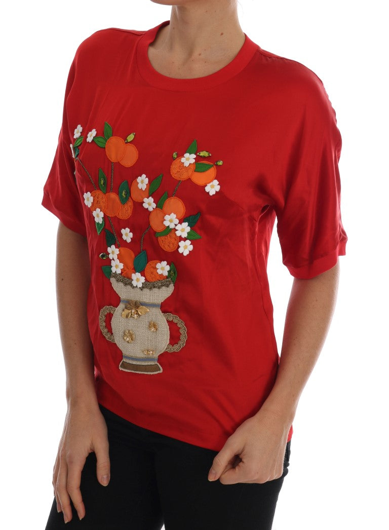 Dolce &amp; Gabbana – Elegantes Top aus roter Seide mit Blumenstickerei