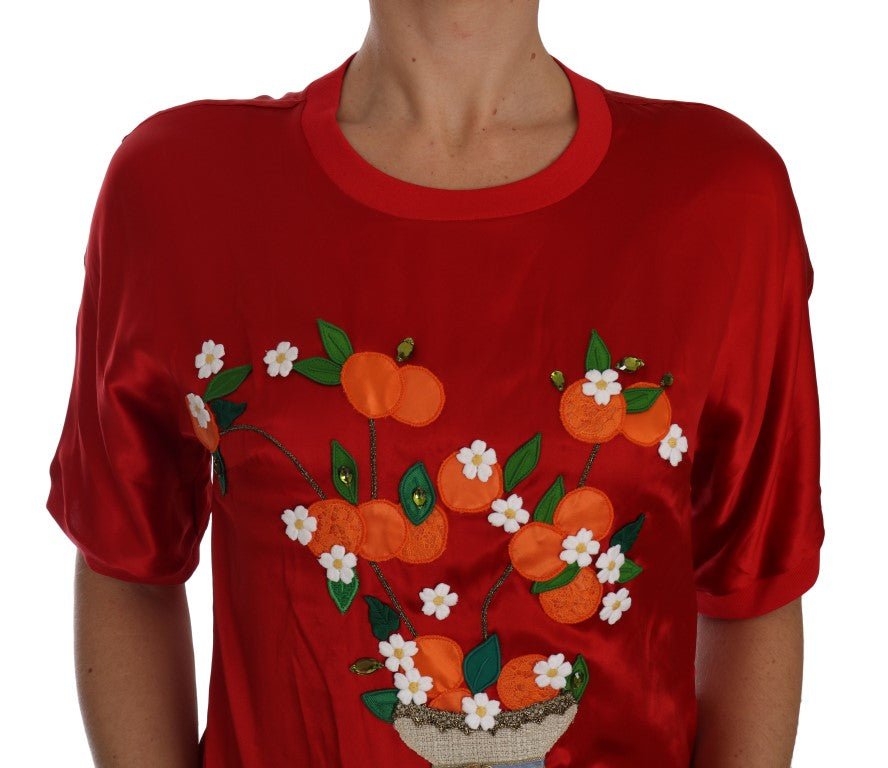 Dolce &amp; Gabbana – Elegantes Top aus roter Seide mit Blumenstickerei