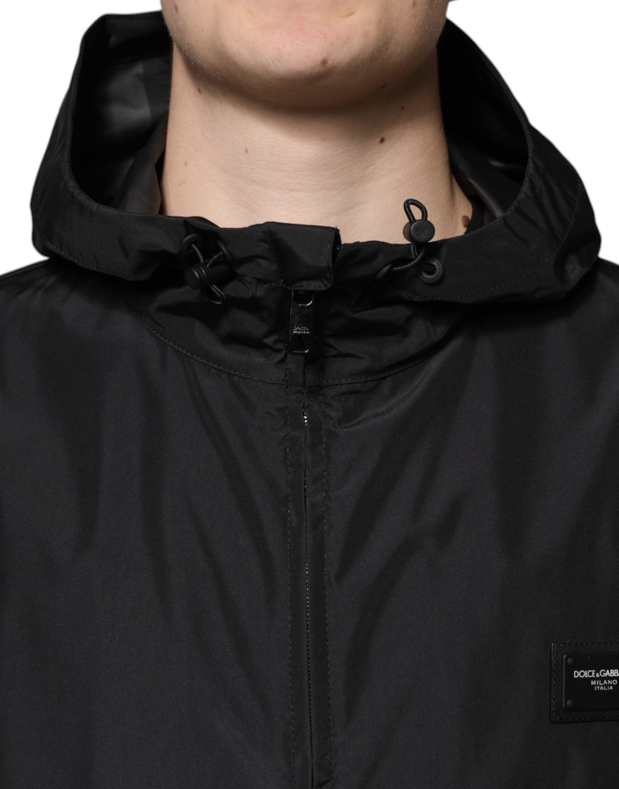 Dolce &amp; Gabbana Schwarze Polyesterjacke mit Kapuze und durchgehendem Reißverschluss für Herren