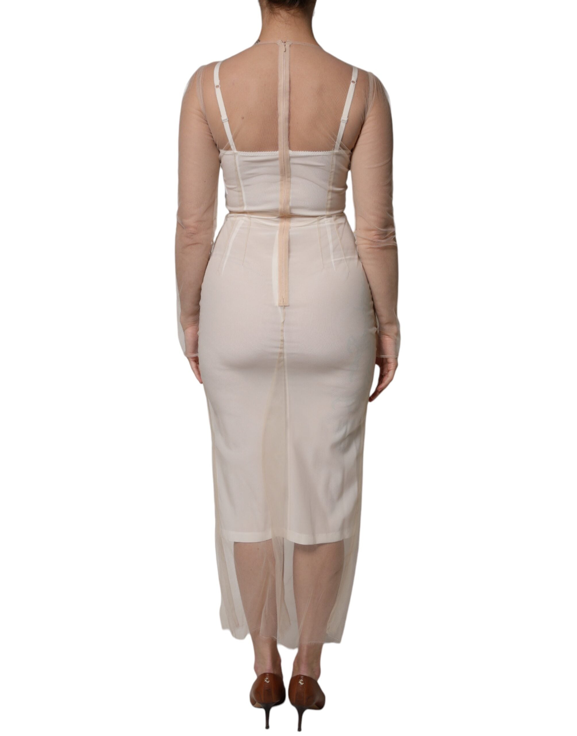 Rochie midi mulată cu model bustier din tul transparent alb Dolce &amp; Gabbana