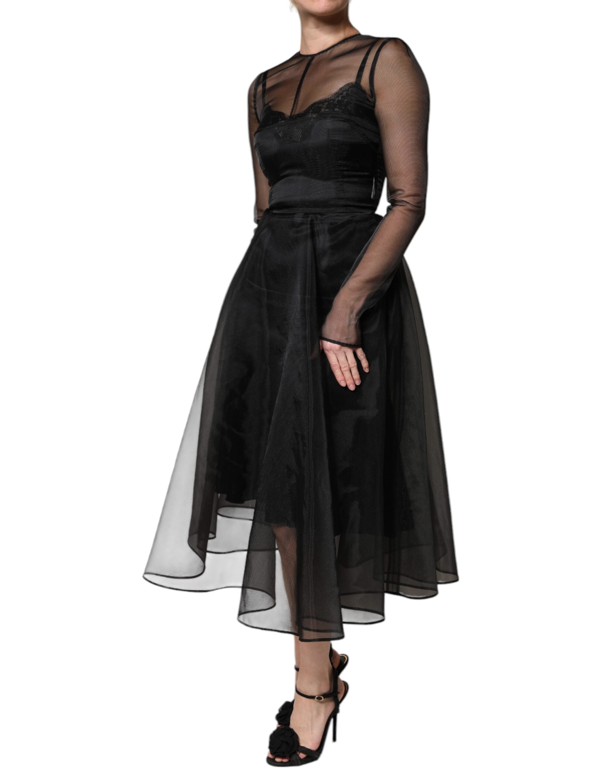 Rochie de cocktail midi Dolce &amp; Gabbana neagră din tul, cu model A