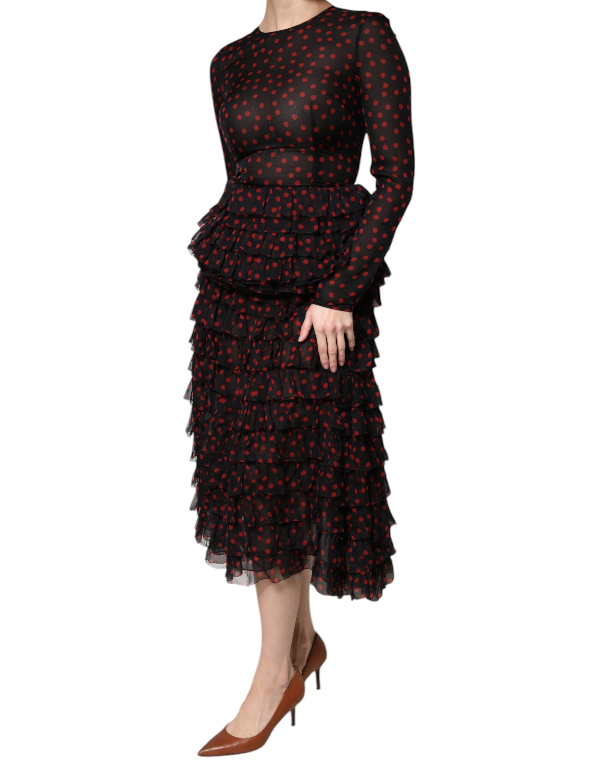 Rochie midi stratificată din mătase cu buline negre și roșii Dolce &amp; Gabbana