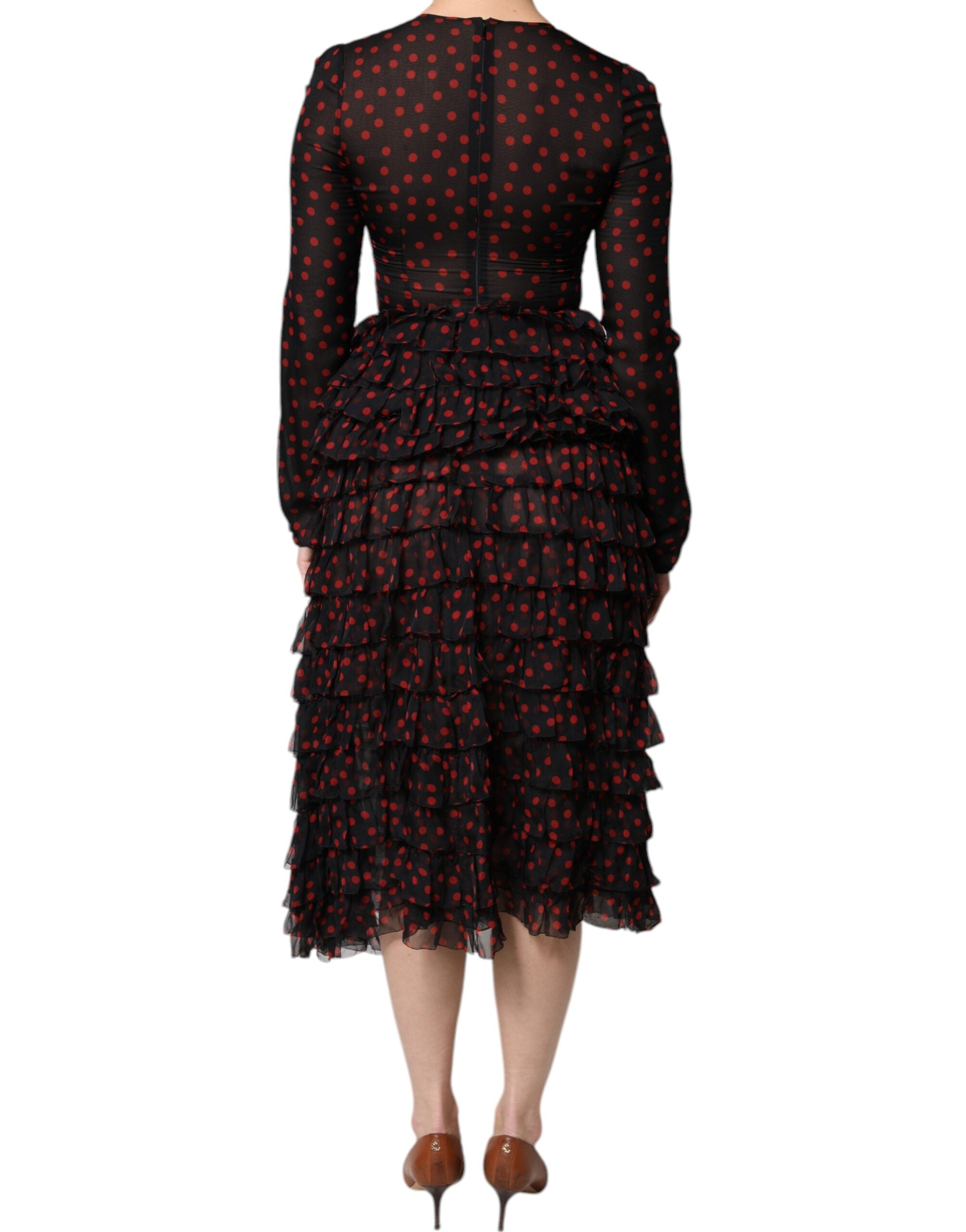 Rochie midi stratificată din mătase cu buline negre și roșii Dolce &amp; Gabbana