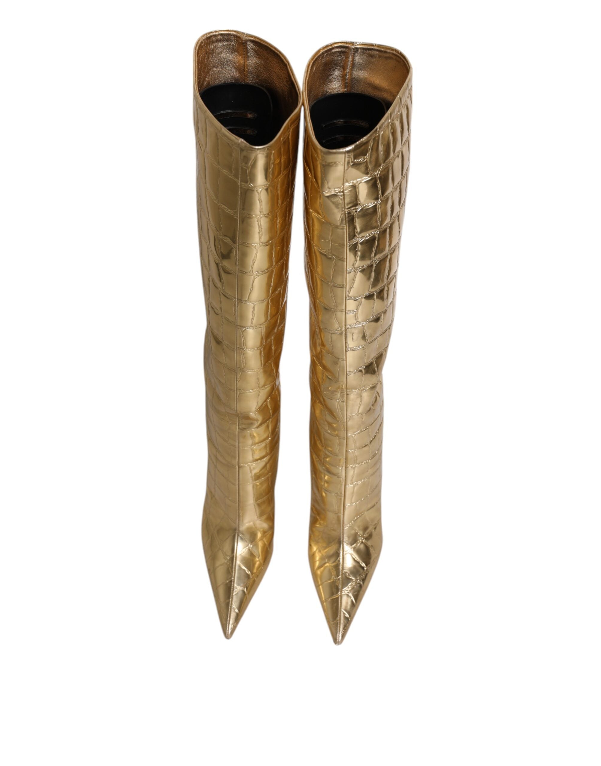 Dolce &amp; Gabbana Gold Leder Stiletto Heels Hohe Stiefel Schuhe