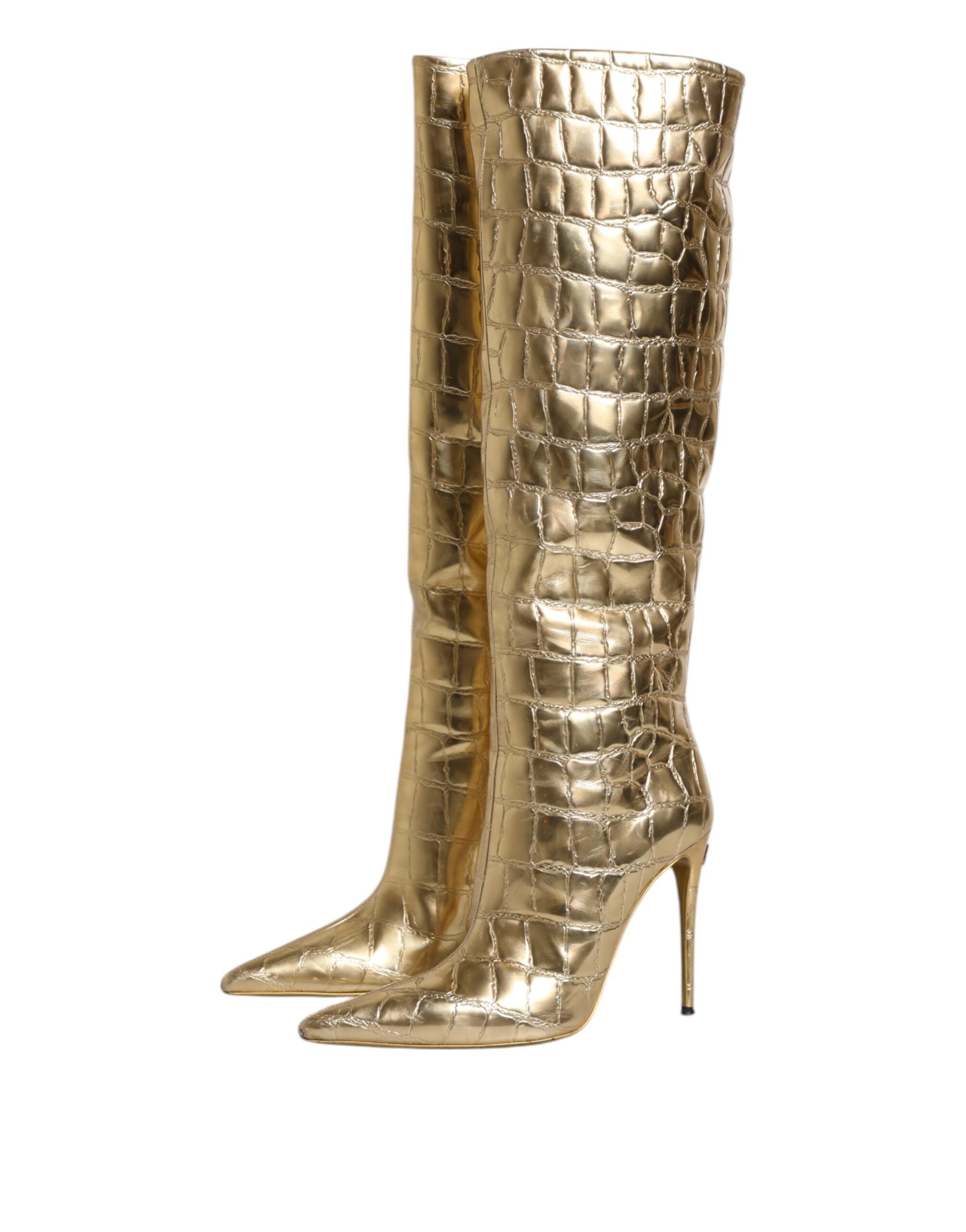 Dolce &amp; Gabbana Gold Leder Stiletto Heels Hohe Stiefel Schuhe