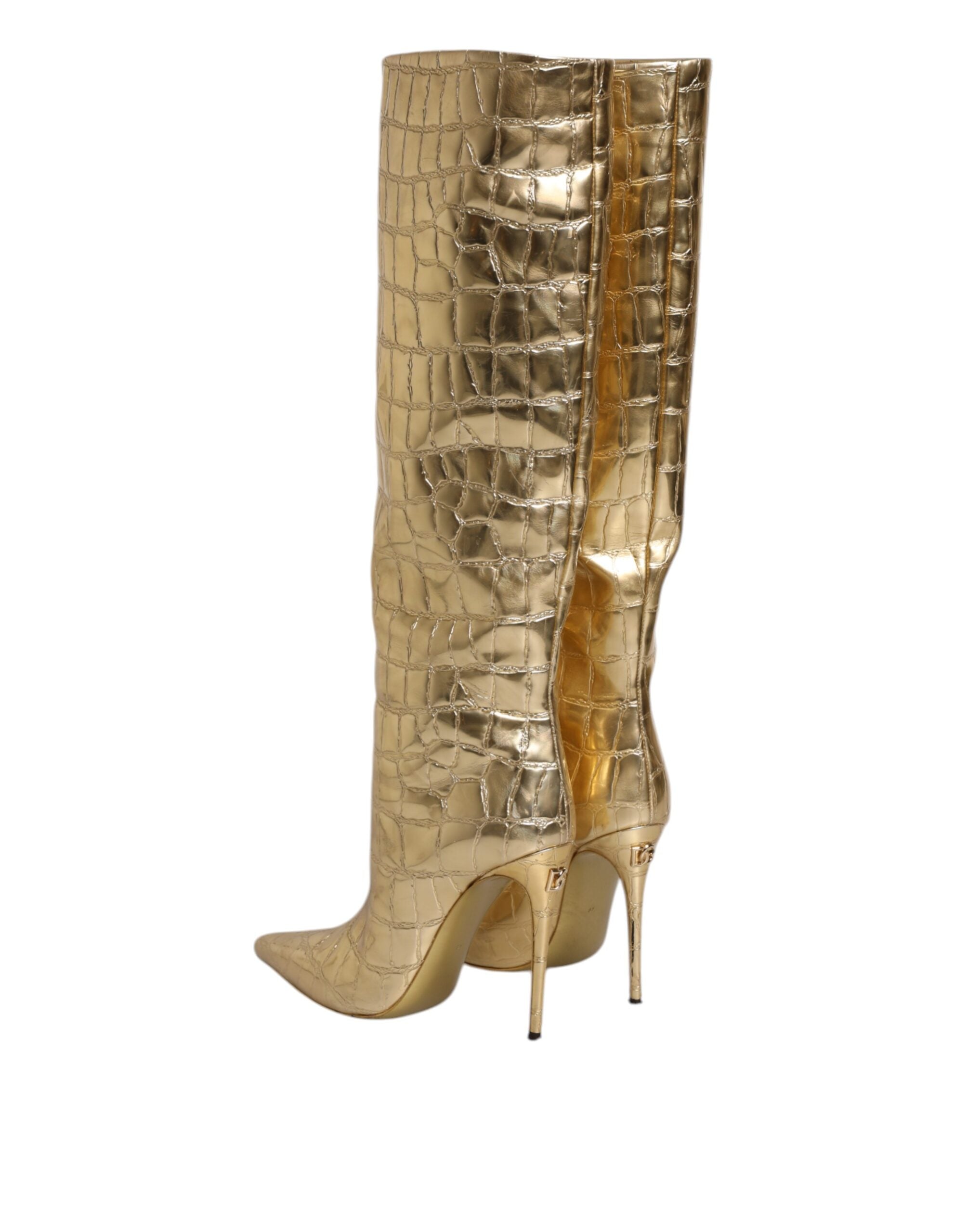 Dolce &amp; Gabbana Gold Leder Stiletto Heels Hohe Stiefel Schuhe