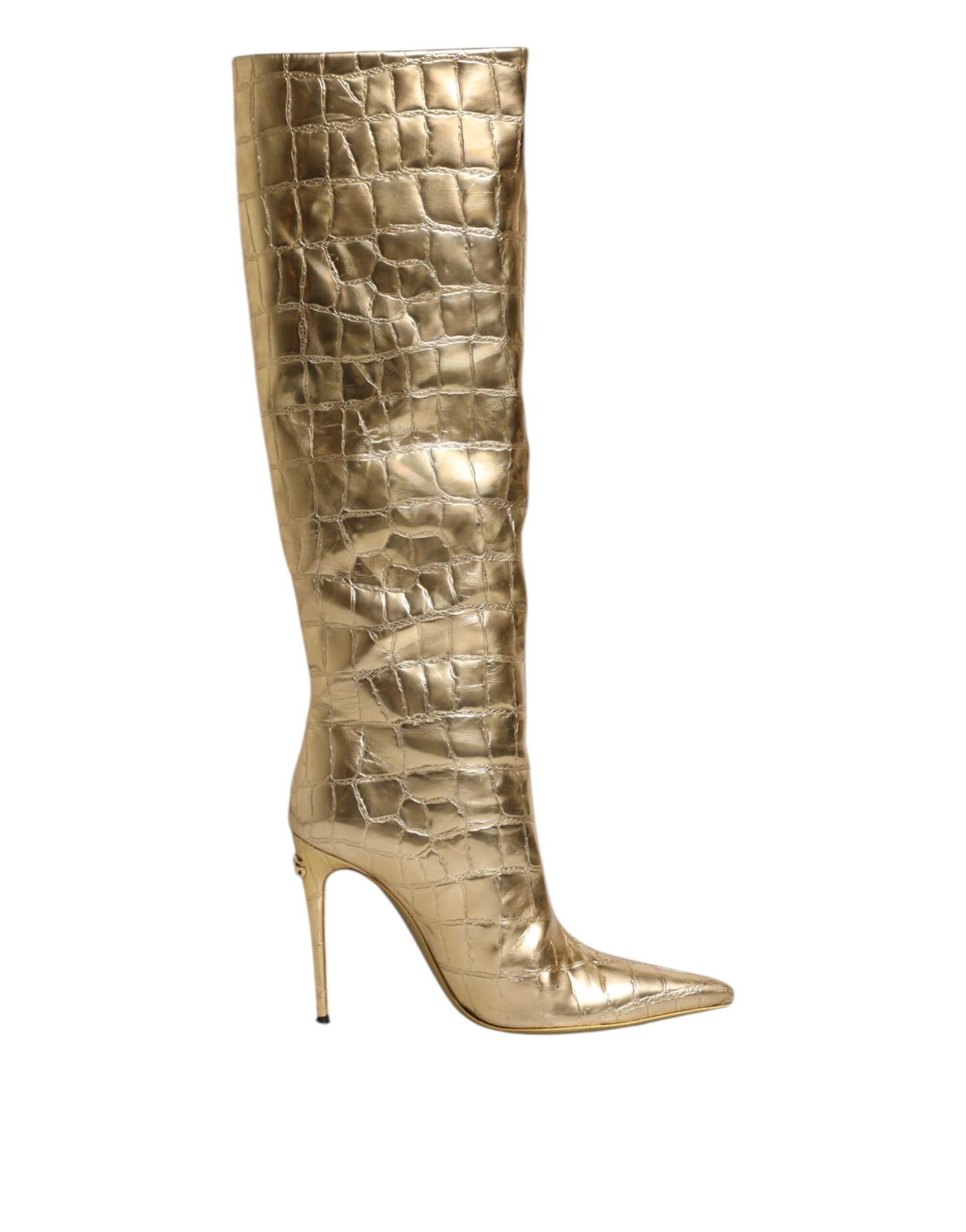 Dolce &amp; Gabbana Gold Leder Stiletto Heels Hohe Stiefel Schuhe