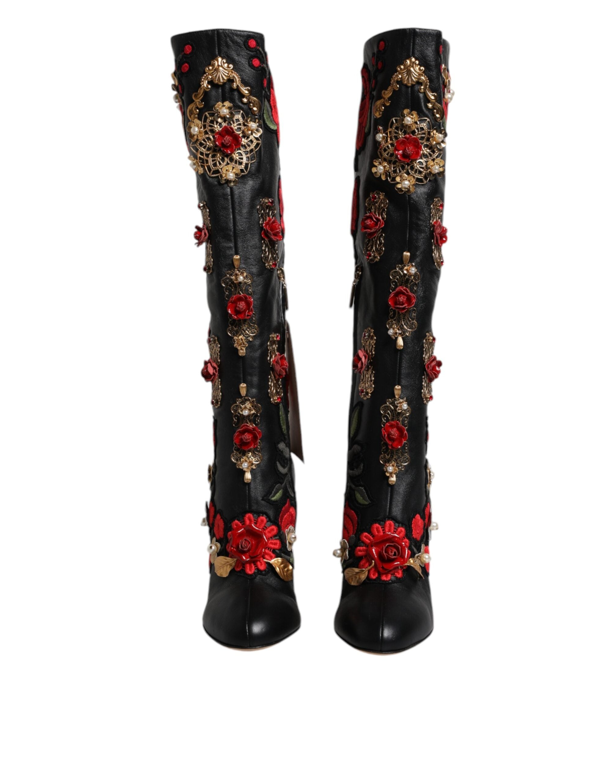 Dolce &amp; Gabbana Schwarze Stiefeletten aus Leder mit Rosenverzierung