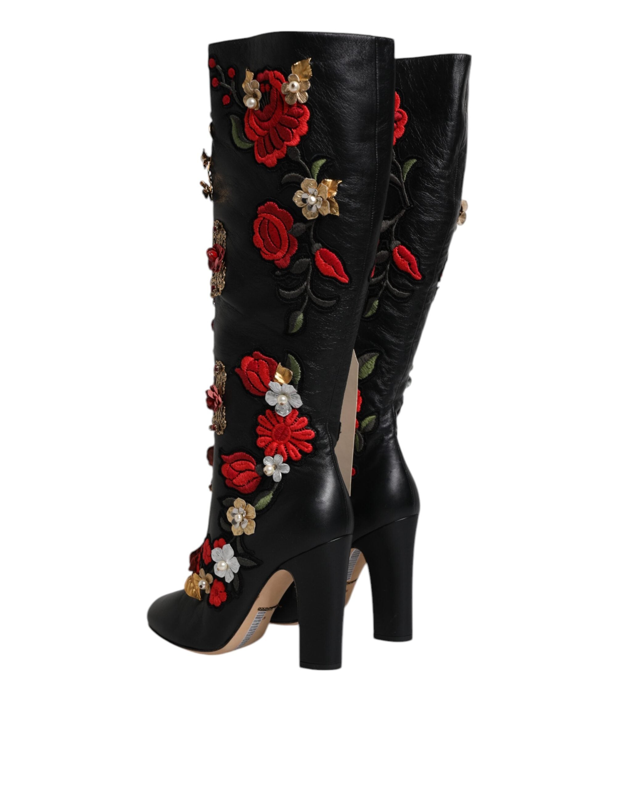Dolce &amp; Gabbana Schwarze Stiefeletten aus Leder mit Rosenverzierung