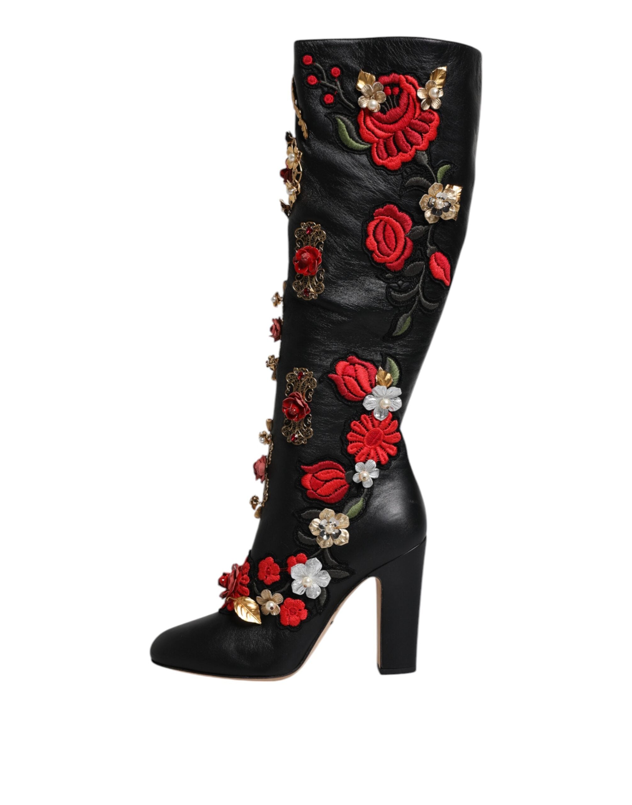 Dolce &amp; Gabbana Schwarze Stiefeletten aus Leder mit Rosenverzierung