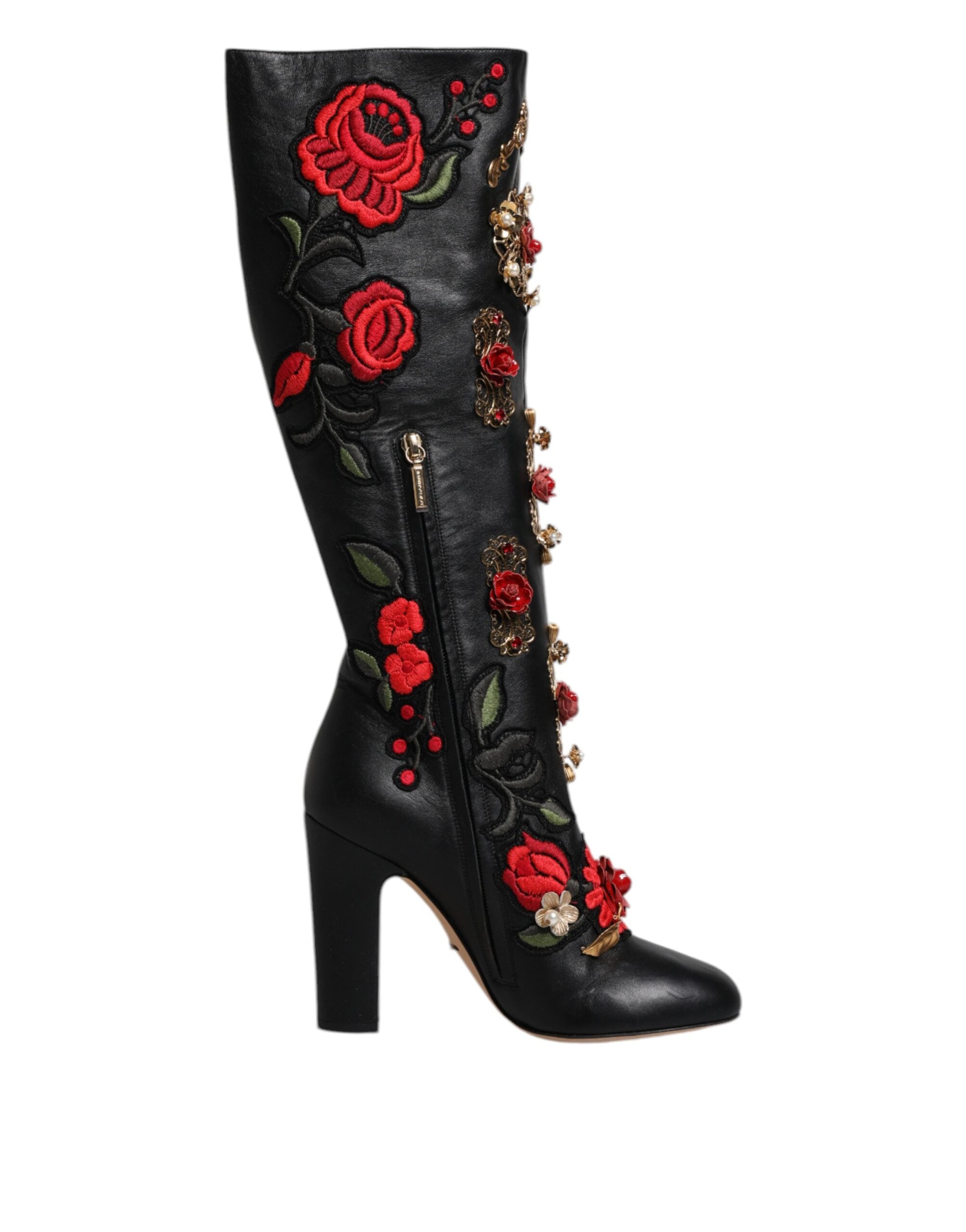 Dolce &amp; Gabbana Schwarze Stiefeletten aus Leder mit Rosenverzierung