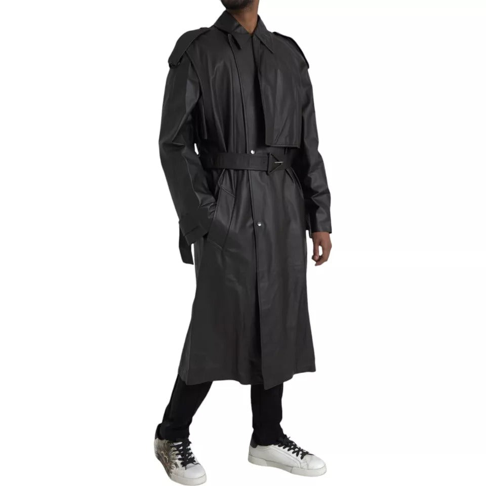 Jachetă trench impermeabilă din piele neagră pentru bărbați Bottega Veneta