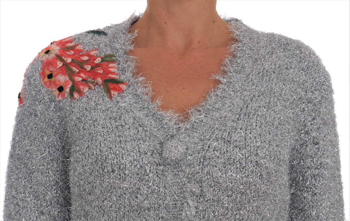 Dolce &amp; Gabbana – Elegante Strickjacke mit silberner Blumenapplikation