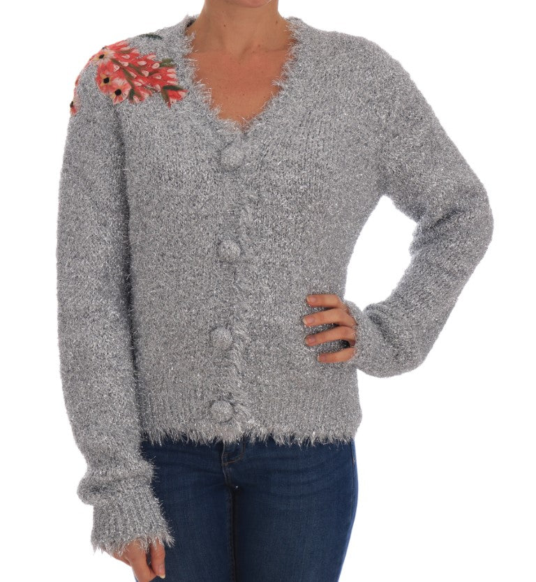 Dolce &amp; Gabbana – Elegante Strickjacke mit silberner Blumenapplikation