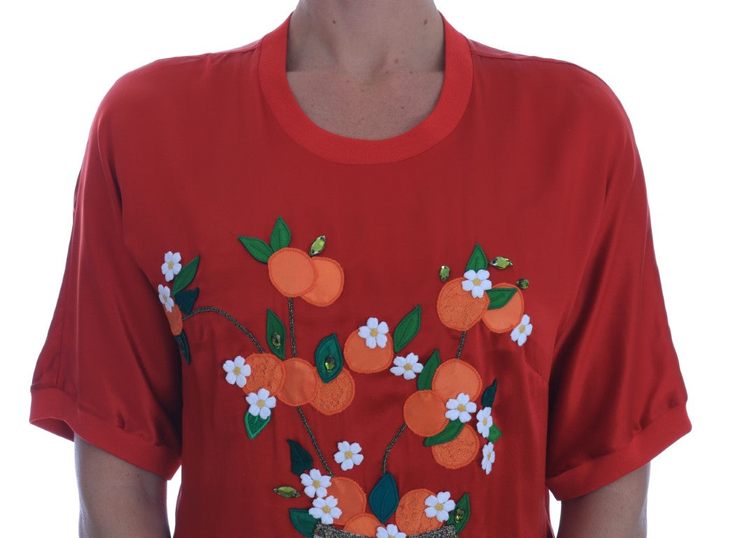 Dolce &amp; Gabbana – Elegante rote Seidenbluse mit Kristallverzierung