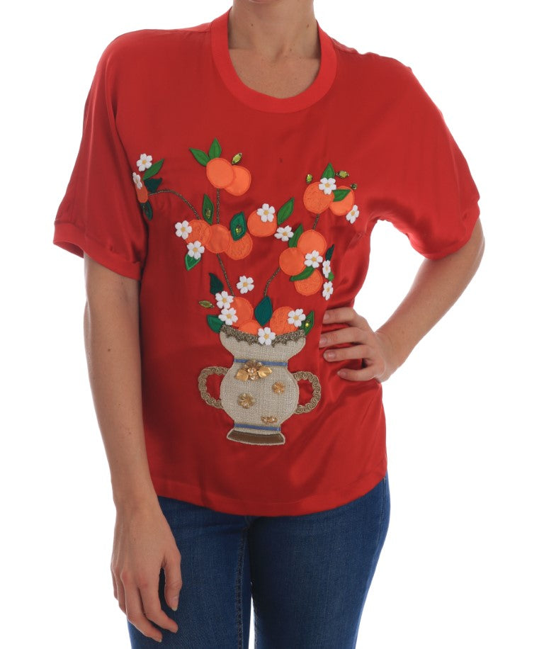 Dolce &amp; Gabbana – Elegante rote Seidenbluse mit Kristallverzierung