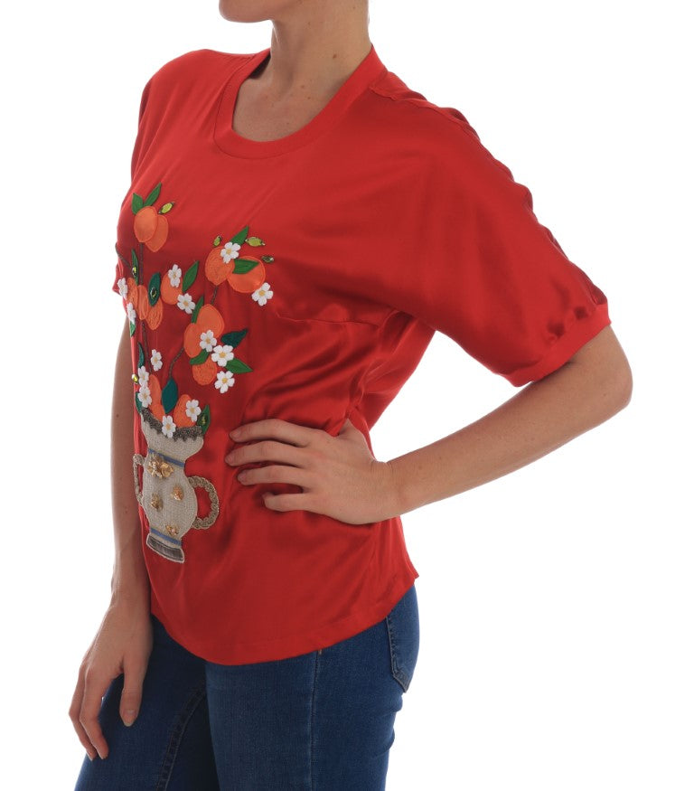 Dolce &amp; Gabbana – Elegante rote Seidenbluse mit Kristallverzierung