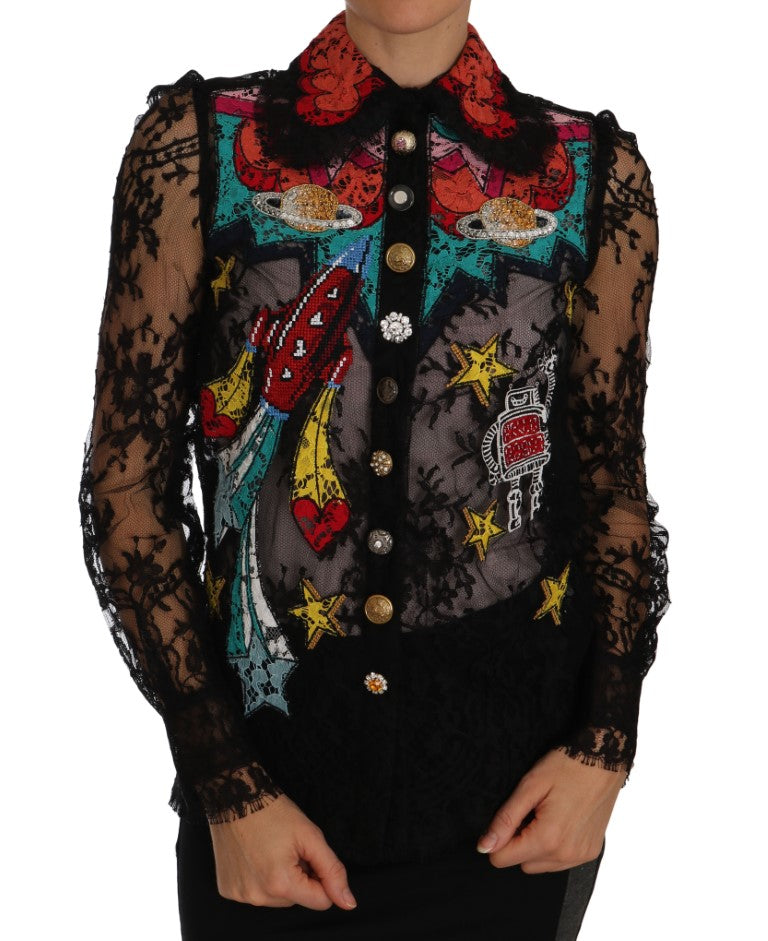 Dolce &amp; Gabbana Bluse mit Blumenspitze und Kristallen bestickt