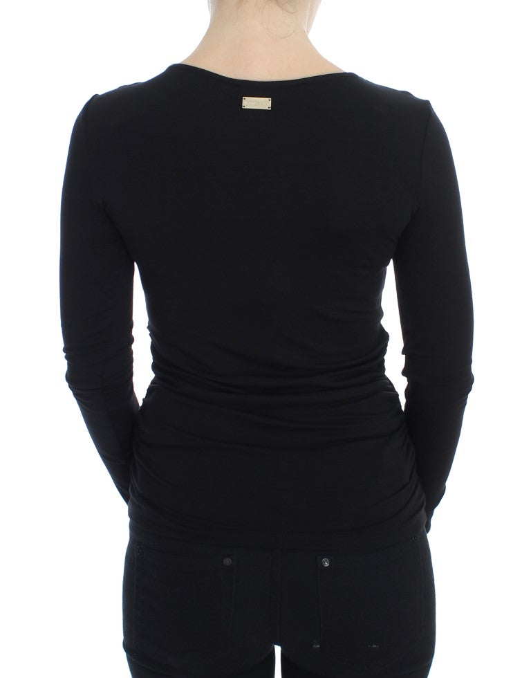 Pulover elegant cu decolteu în V din amestec de viscoză negru Versace Jeans