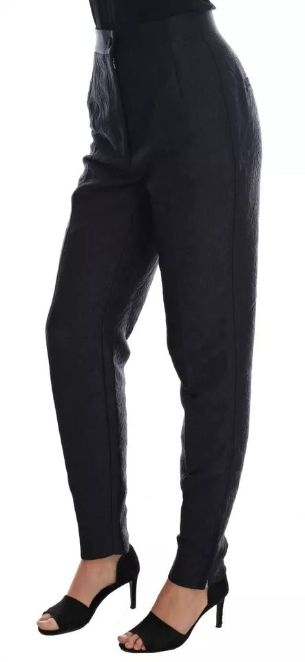 Dolce &amp; Gabbana Schwarze, hoch taillierte Hose aus geblümtem Brokat