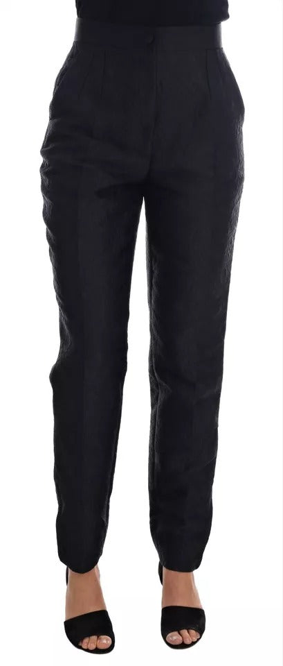 Dolce &amp; Gabbana Schwarze, hoch taillierte Hose aus geblümtem Brokat
