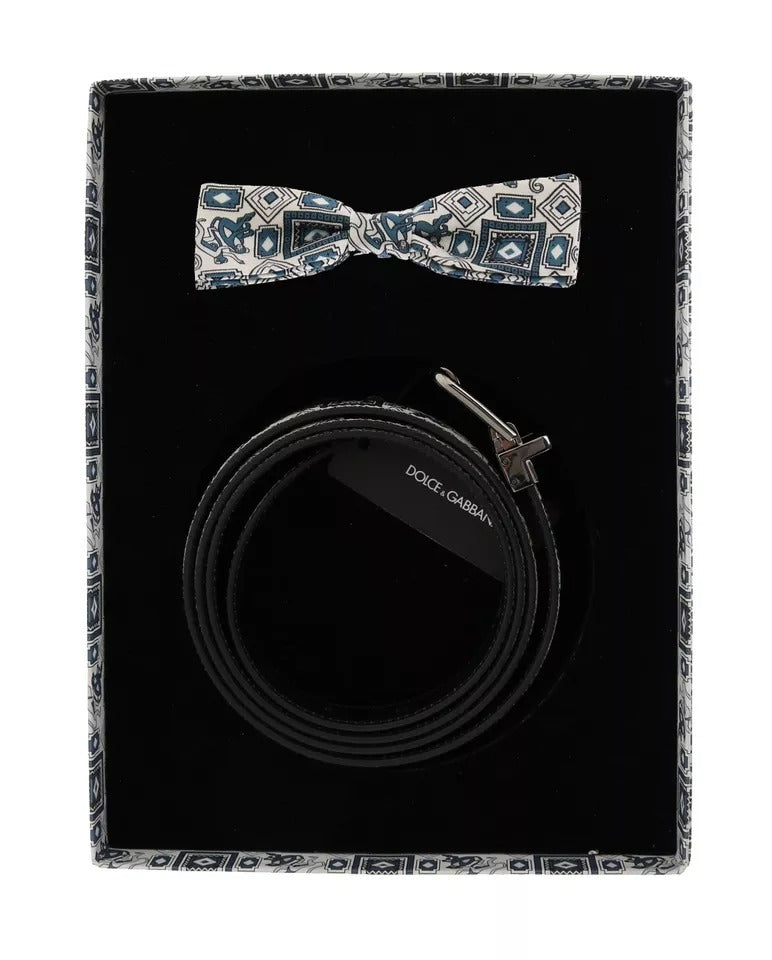 Set cadou Dolce &amp; Gabbana curea din piele și papion din mătase albă și albastră
