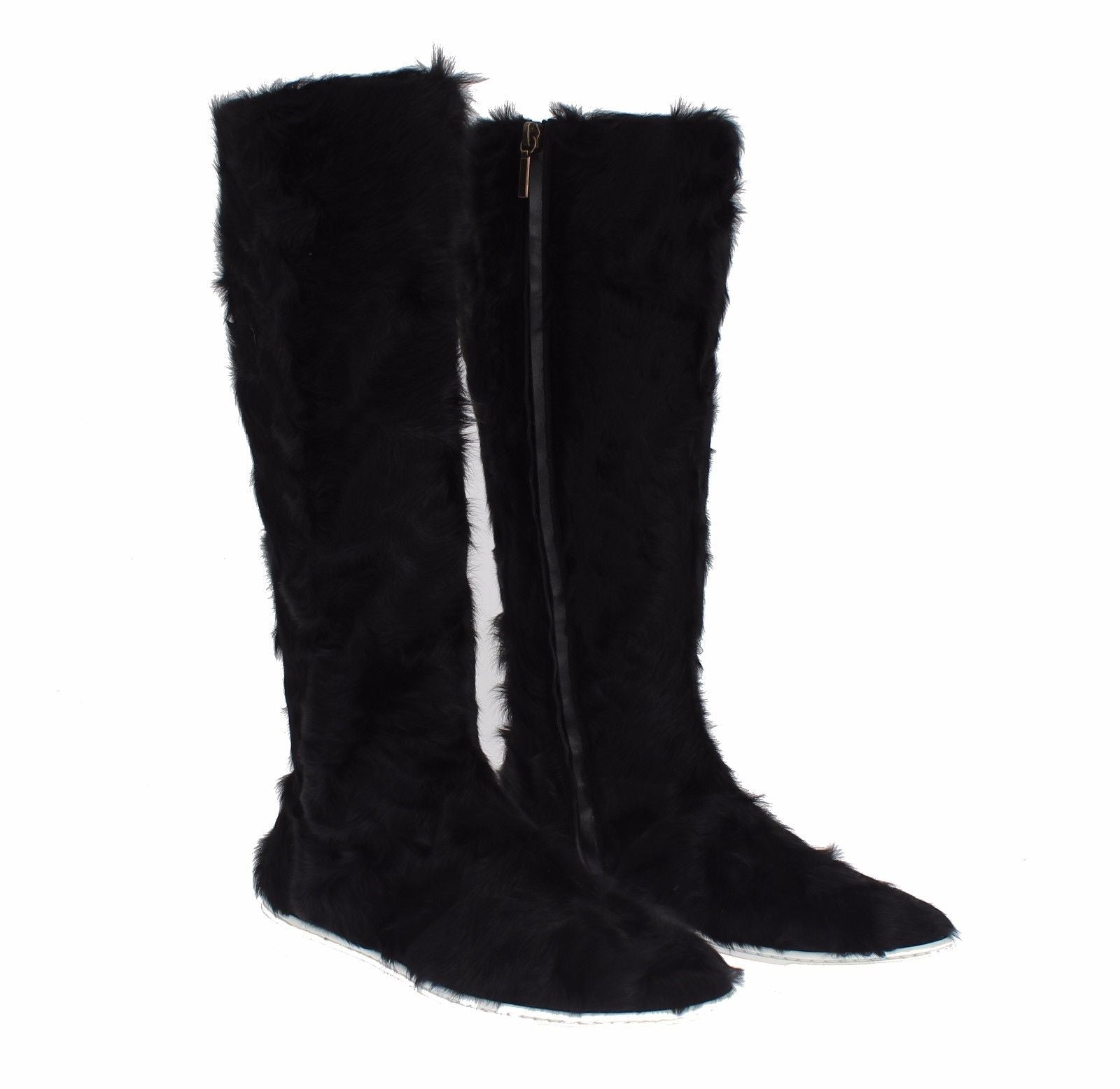 Dolce &amp; Gabbana Elegante flache Sneaker-Stiefel aus schwarzem Pelzleder